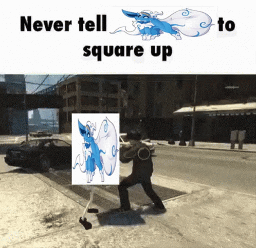 A Picture Of A Blue And White Animal With The Words Never Tell Square Up GIF