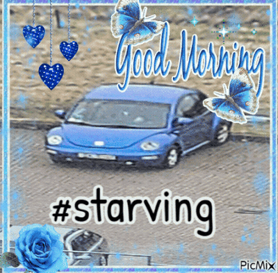 A Picture Of A Blue Car With The Words Good Morning Starving GIF