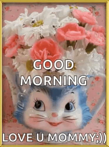 A Picture Of A Blue Cat With Flowers On Its Head And The Words Good Morning Love U Mommy GIF