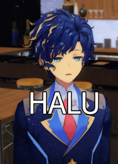 A Picture Of A Blue Haired Anime Character With The Word Halu Written On It GIF
