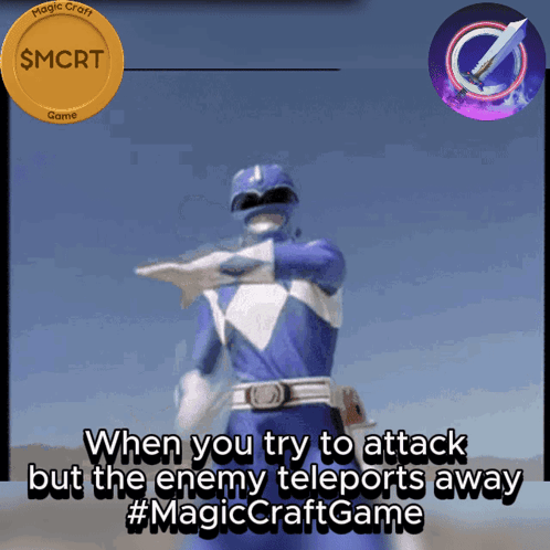 A Picture Of A Blue Power Ranger With The Words " When You Try To Attack But The Enemy Teleports Away " GIF