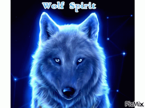 A Picture Of A Blue Wolf With The Words Wolf Spirit On The Bottom GIF