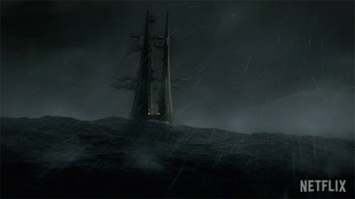 A Picture Of A Boat In The Ocean With A Netflix Logo In The Corner GIF