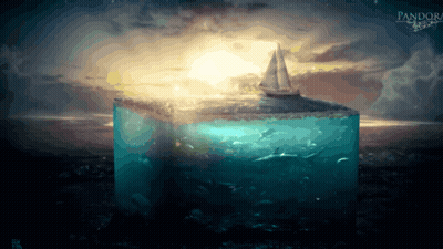 A Picture Of A Boat In The Ocean With The Word Pandora On The Bottom Right GIF