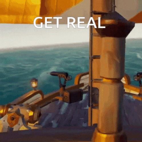 A Picture Of A Boat In The Ocean With The Words " Get Real " Above It GIF