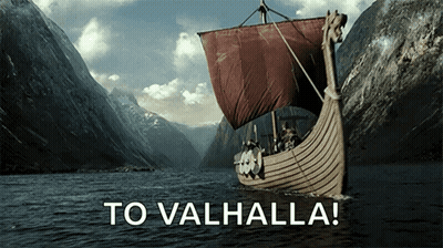 A Picture Of A Boat In The Water With The Words To Valhalla GIF