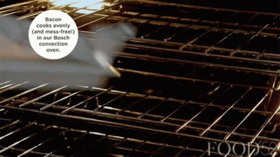 A Picture Of A Bosch Convection Oven With The Words Bacon Cooks Evenly GIF