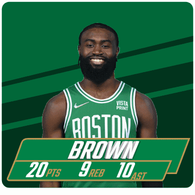 A Picture Of A Boston Brown Basketball Player With A Score Of 20 Pts 9 Reb 10 Ast GIF