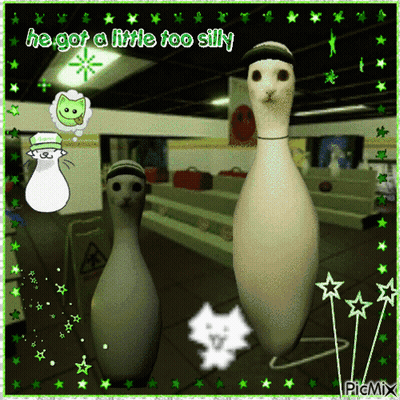 A Picture Of A Bowling Alley With A Caption That Says He Got A Little Too Silly GIF