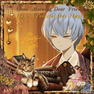 A Picture Of A Boy And A Cat With The Caption " Good Morning Dear Friend " GIF