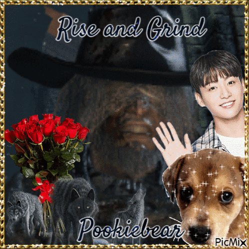 A Picture Of A Boy And A Dog With The Words Rise And Grind GIF