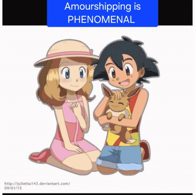 A Picture Of A Boy And A Girl Holding An Eevee GIF