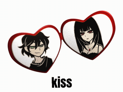 A Picture Of A Boy And A Girl In Heart Shaped Glasses With The Word Kiss Below Them GIF