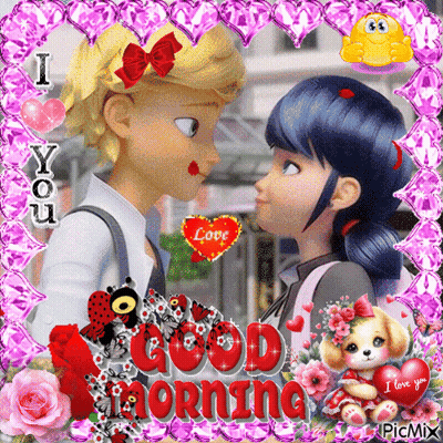 A Picture Of A Boy And A Girl Looking At Each Other With A Good Morning Message GIF