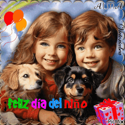 A Picture Of A Boy And A Girl With A Dog And The Words Feliz Dia Del Niño On The Bottom GIF
