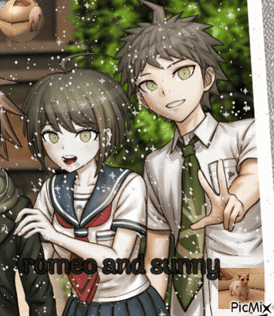A Picture Of A Boy And A Girl With Romeo And Sunny Written Above Them GIF