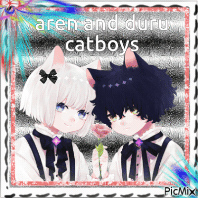 A Picture Of A Boy And A Girl With The Words Aren And Duru Catboys On The Bottom GIF