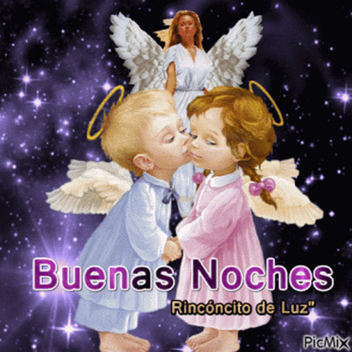 A Picture Of A Boy And Girl Kissing With The Words Buenas Noches GIF