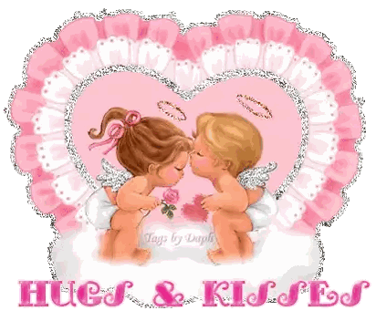 A Picture Of A Boy And Girl Kissing With The Words Hugs And Kisses Sticker