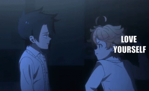 A Picture Of A Boy And Girl With The Words Love Yourself Above Them GIF
