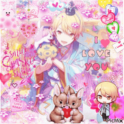 A Picture Of A Boy And Two Rabbits With The Words I Love You Written On It GIF
