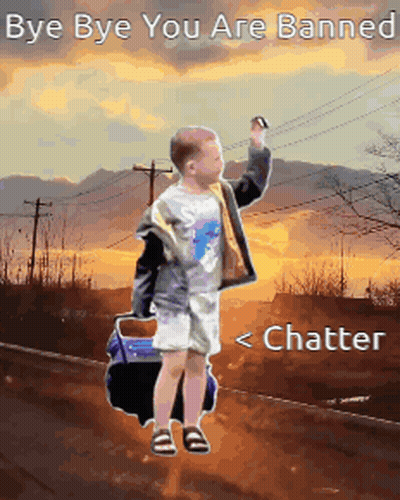 A Picture Of A Boy Holding A Bag With The Words Bye Bye You Are Banned GIF