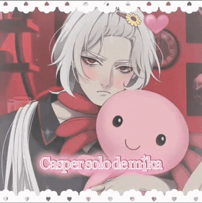 A Picture Of A Boy Holding A Pink Stuffed Animal With The Name Casper Solo Demika Written On It GIF