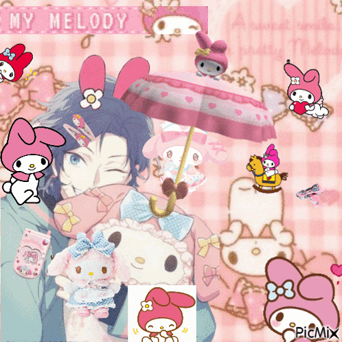 A Picture Of A Boy Holding A Stuffed Animal Surrounded By My Melody Icons GIF