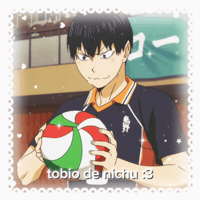 A Picture Of A Boy Holding A Volleyball With The Words Tobio De Nichu Written Below Him GIF