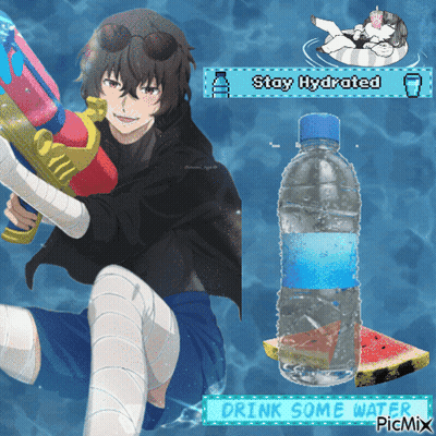 A Picture Of A Boy Holding A Water Gun Next To A Bottle Of Water And A Watermelon Slice GIF