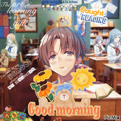 A Picture Of A Boy In A Classroom With The Words Good Morning On It GIF