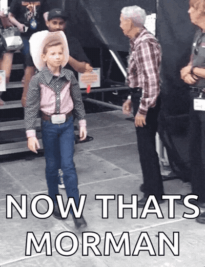A Picture Of A Boy In A Cowboy Outfit With The Words Now Thats Morman On The Bottom GIF