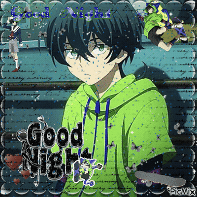 A Picture Of A Boy In A Green Hoodie With The Words Good Night On It GIF