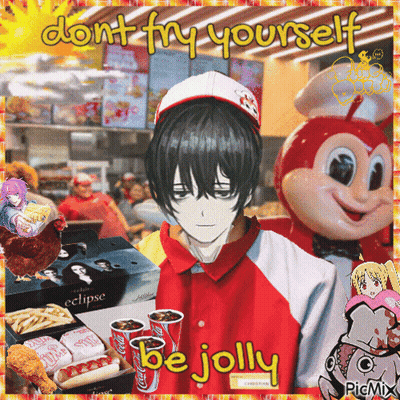A Picture Of A Boy In A Red Shirt With The Words " Don T Try Yourself Be Jolly " On It GIF