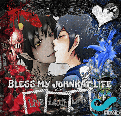 A Picture Of A Boy Kissing Another Boy With The Words Bless My Johnkat Life GIF