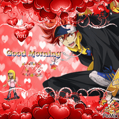 A Picture Of A Boy On A Skateboard With Hearts And The Words Good Morning GIF