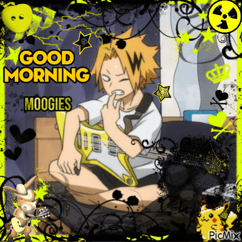 A Picture Of A Boy Playing A Guitar With The Words Good Morning Moogies On The Bottom GIF