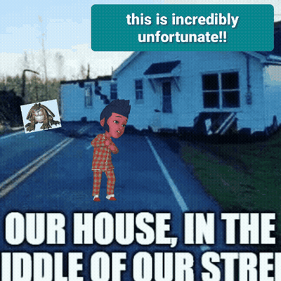 A Picture Of A Boy Standing In Front Of A House That Has Been Destroyed GIF