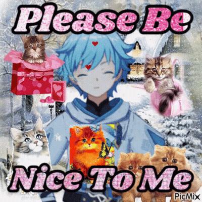 A Picture Of A Boy Surrounded By Cats With The Words Please Be Nice To Me GIF