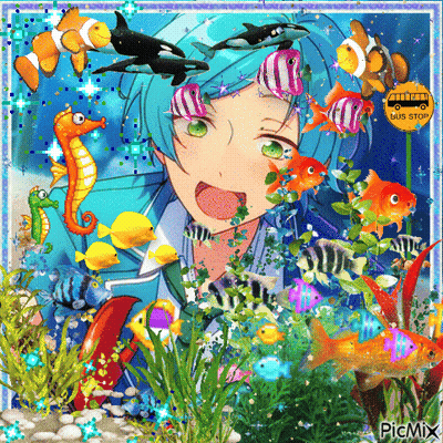A Picture Of A Boy Surrounded By Fish With A Bus Stop In The Background GIF
