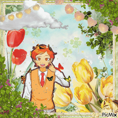 A Picture Of A Boy Surrounded By Flowers And Butterflies Has The Word Picmix On The Bottom GIF
