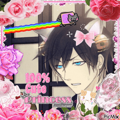 A Picture Of A Boy Surrounded By Pink Flowers With The Words 100 % Cute Princess Written On The Bottom GIF