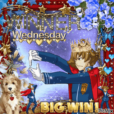 A Picture Of A Boy Wearing A Crown With The Words Winner Wednesday Big Win GIF