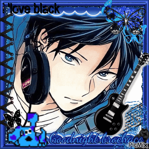 A Picture Of A Boy Wearing Headphones And A Guitar With The Words " I Love Black " GIF