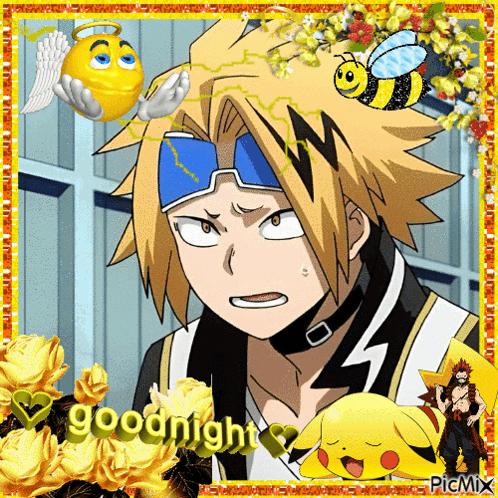 A Picture Of A Boy With A Bee On His Head And The Words Goodnight On The Bottom GIF