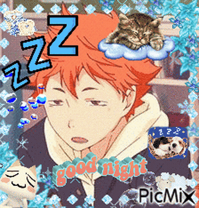 A Picture Of A Boy With A Cat Sleeping On A Cloud And The Words Good Night GIF
