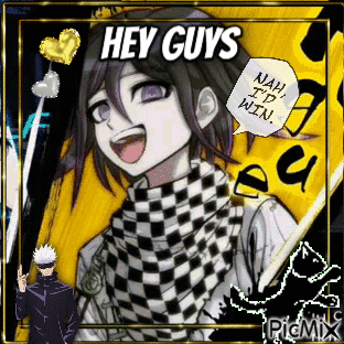 A Picture Of A Boy With A Checkered Scarf And A Speech Bubble That Says Hey Guys . GIF