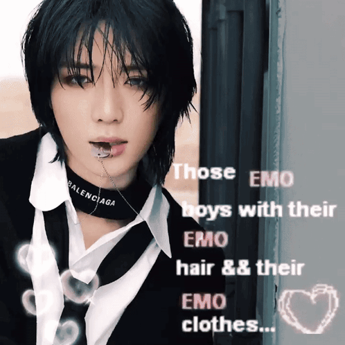 A Picture Of A Boy With A Choker That Says Those Emo Boys With Their Emo Hair & Their Emo Clothes GIF