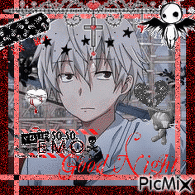 A Picture Of A Boy With A Cross On His Head And The Words Emo Good Night Picmix On The Bottom GIF