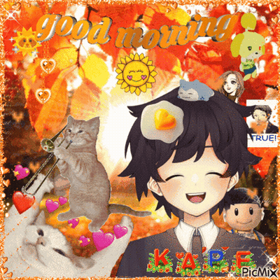 A Picture Of A Boy With A Fried Egg On His Head And The Words " Good Morning " GIF